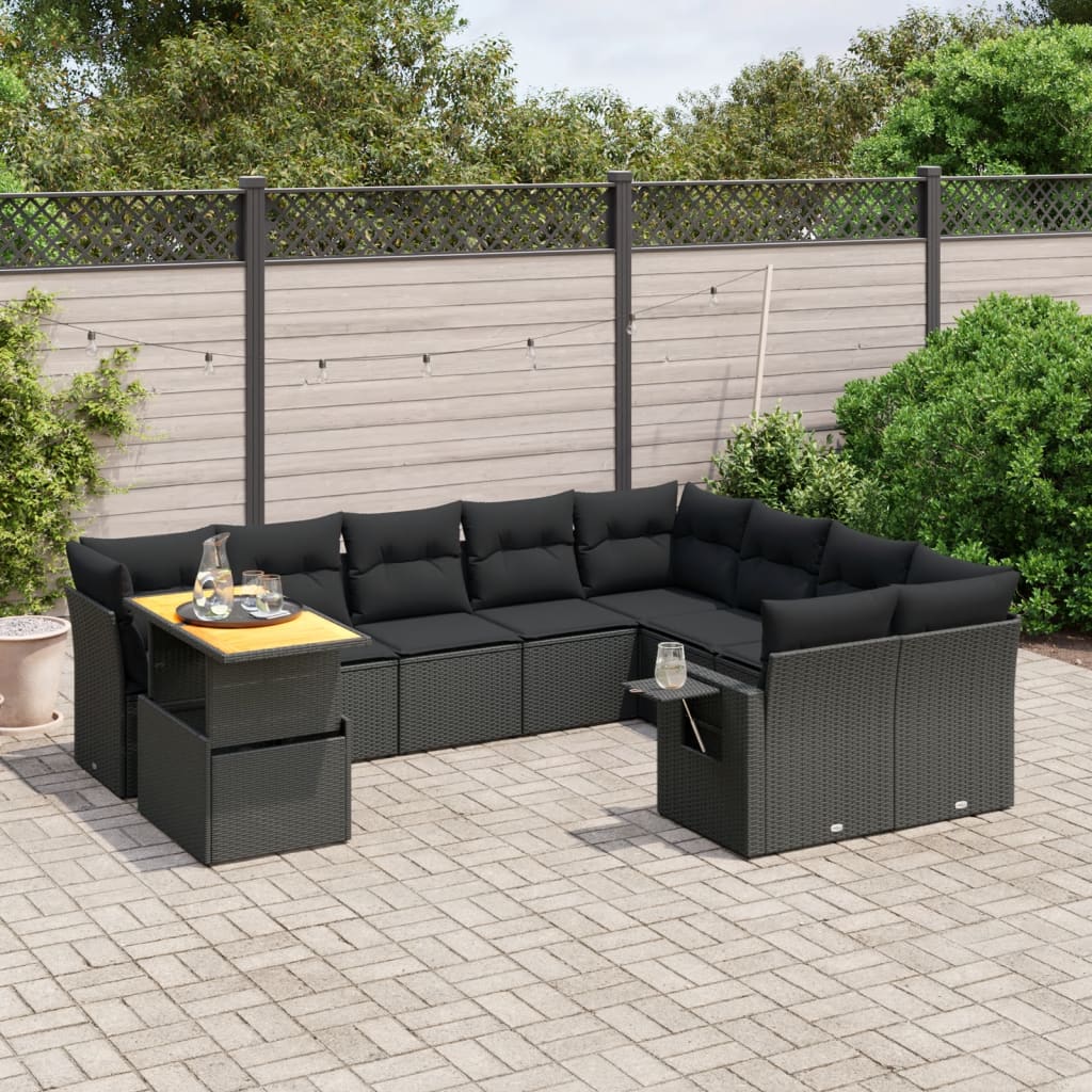 10-Delige Loungeset Met Kussens Poly Rattan Zwart