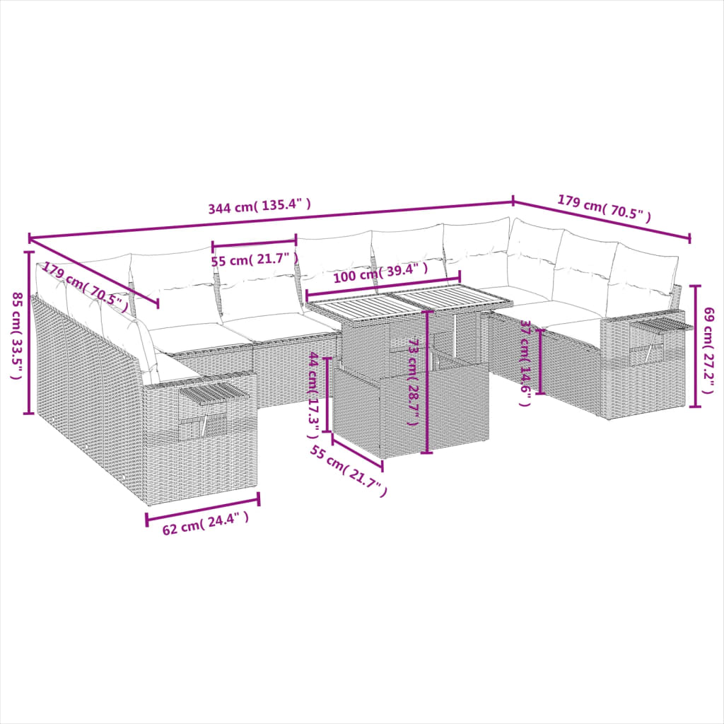 11-Delige Loungeset Met Kussens Poly Rattan Zwart