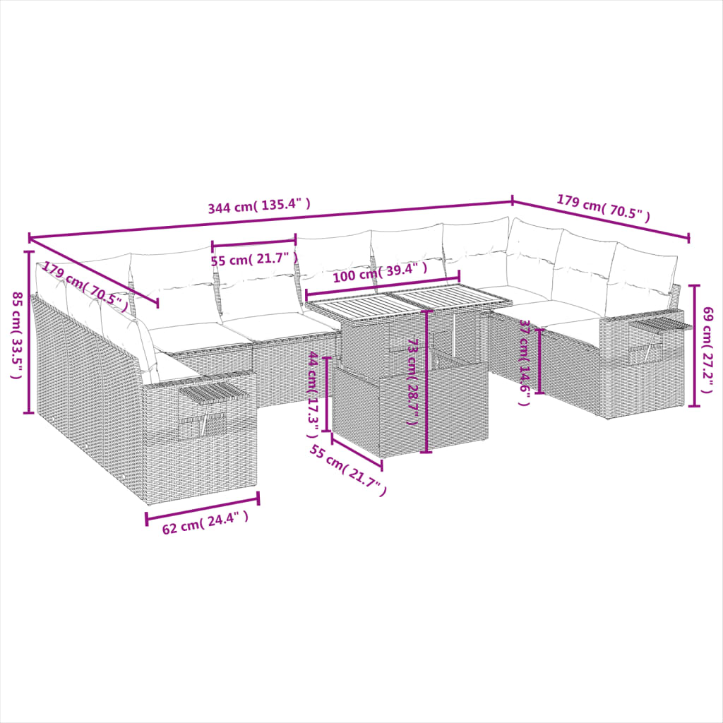 11-Delige Loungeset Met Kussens Poly Rattan Zwart