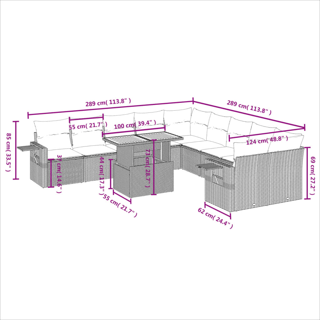 11-Delige Loungeset Met Kussens Poly Rattan Zwart