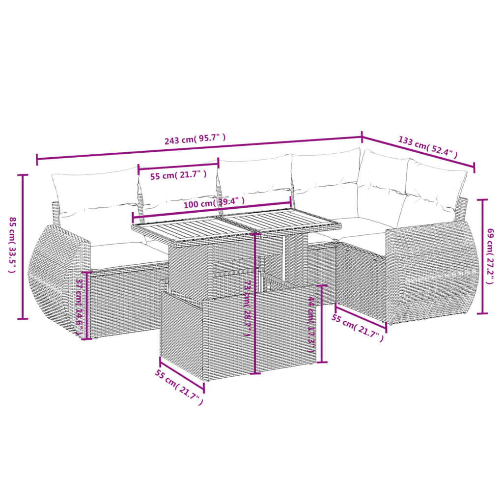 6-Delige Loungeset Met Kussens Poly Rattan Zwart