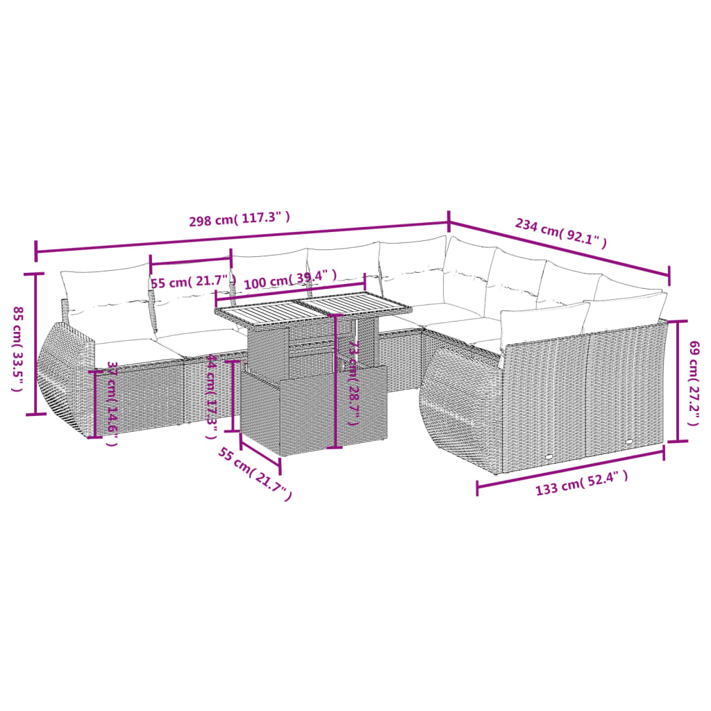 10-Delige Loungeset Met Kussens Poly Rattan Zwart