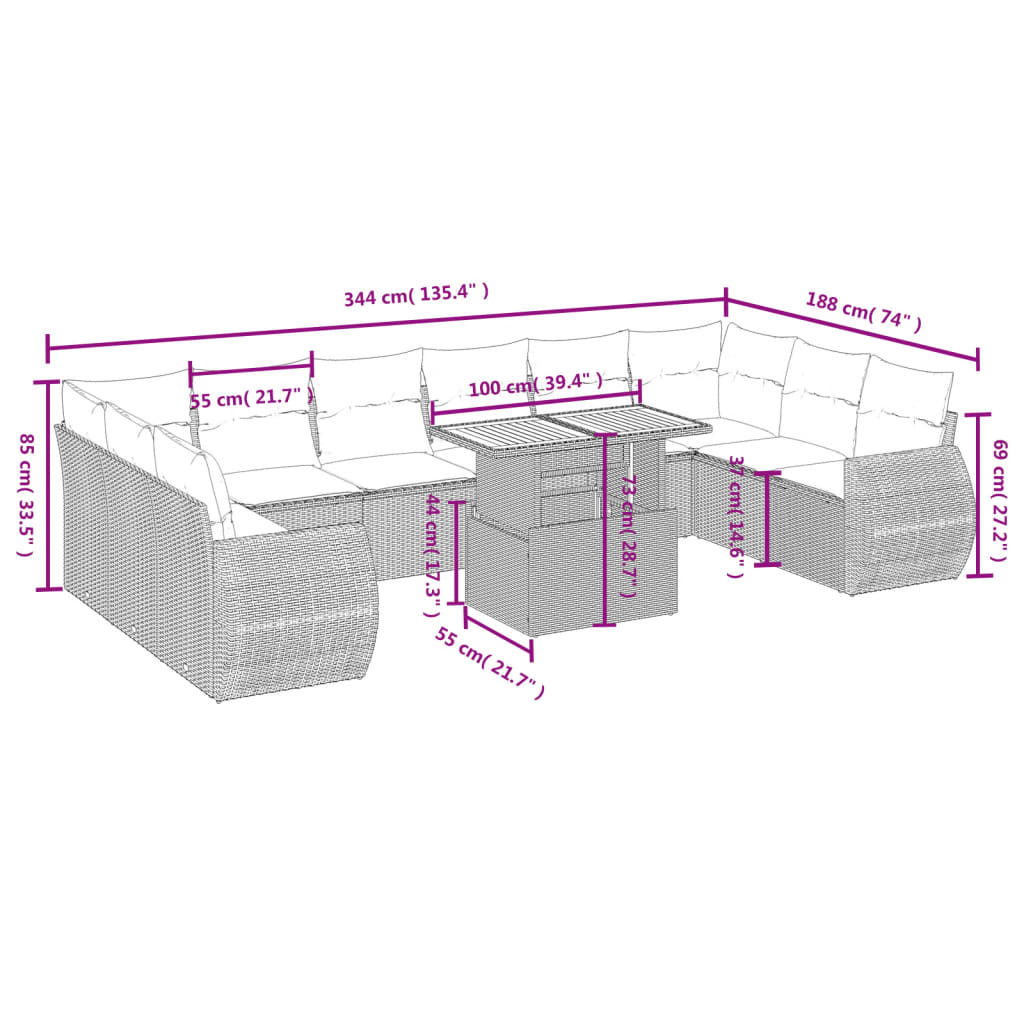 11-Delige Loungeset Met Kussens Poly Rattan Zwart