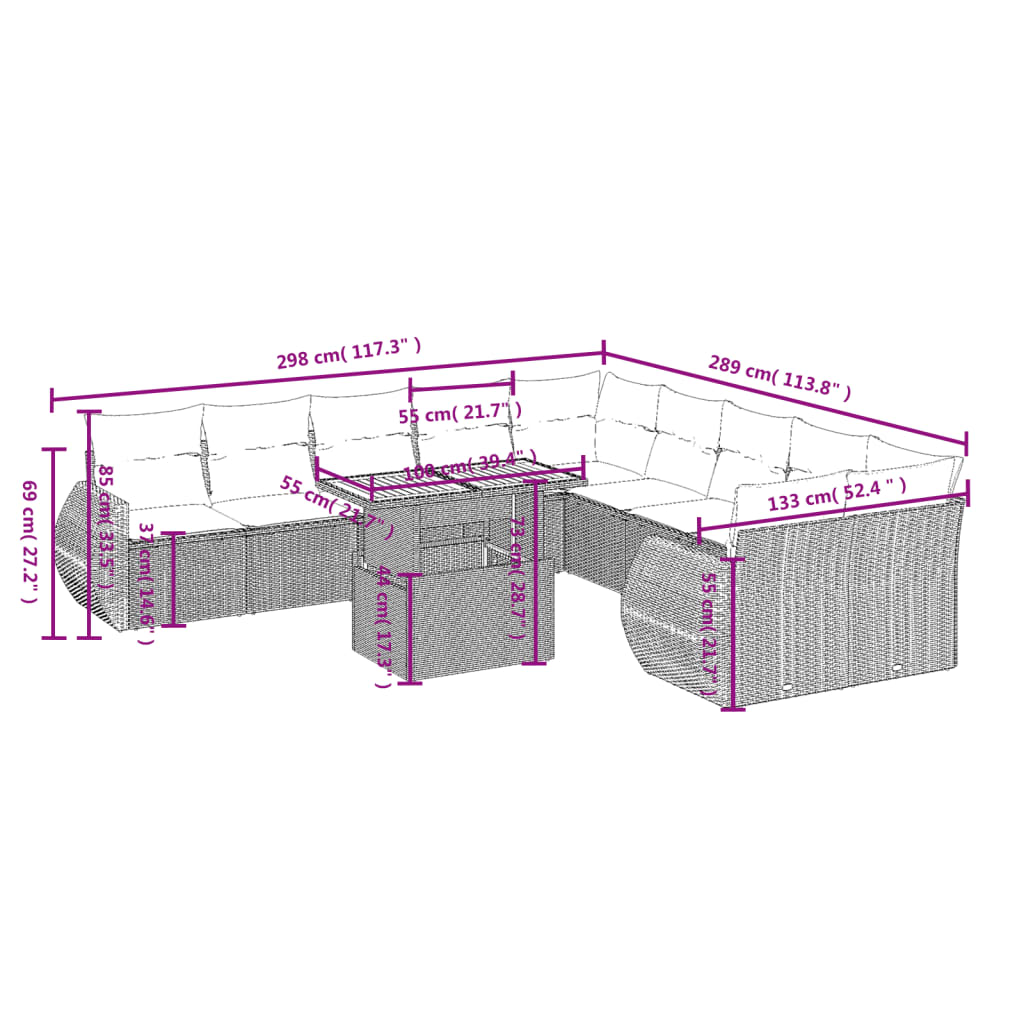 11-Delige Loungeset Met Kussens Poly Rattan Zwart