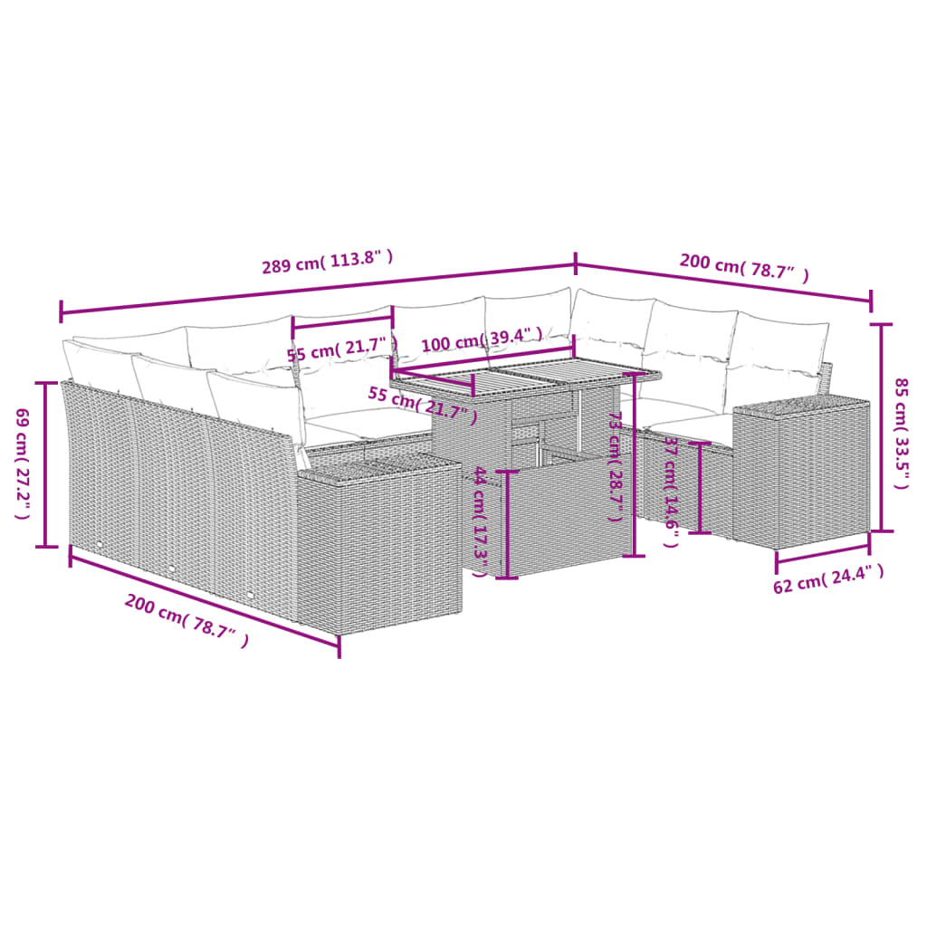 10-Delige Loungeset Met Kussens Poly Rattan Zwart