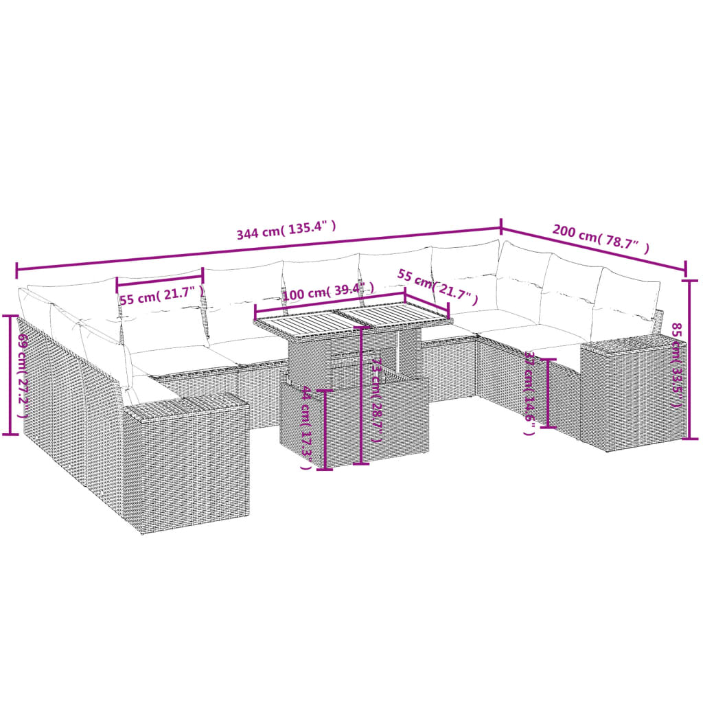 11-Delige Loungeset Met Kussens Poly Rattan Zwart