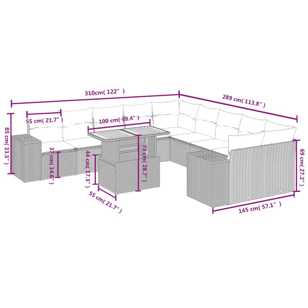 11-Delige Loungeset Met Kussens Poly Rattan Zwart