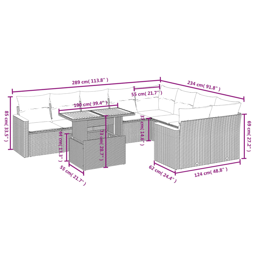 10-Delige Loungeset Met Kussens Poly Rattan Zwart