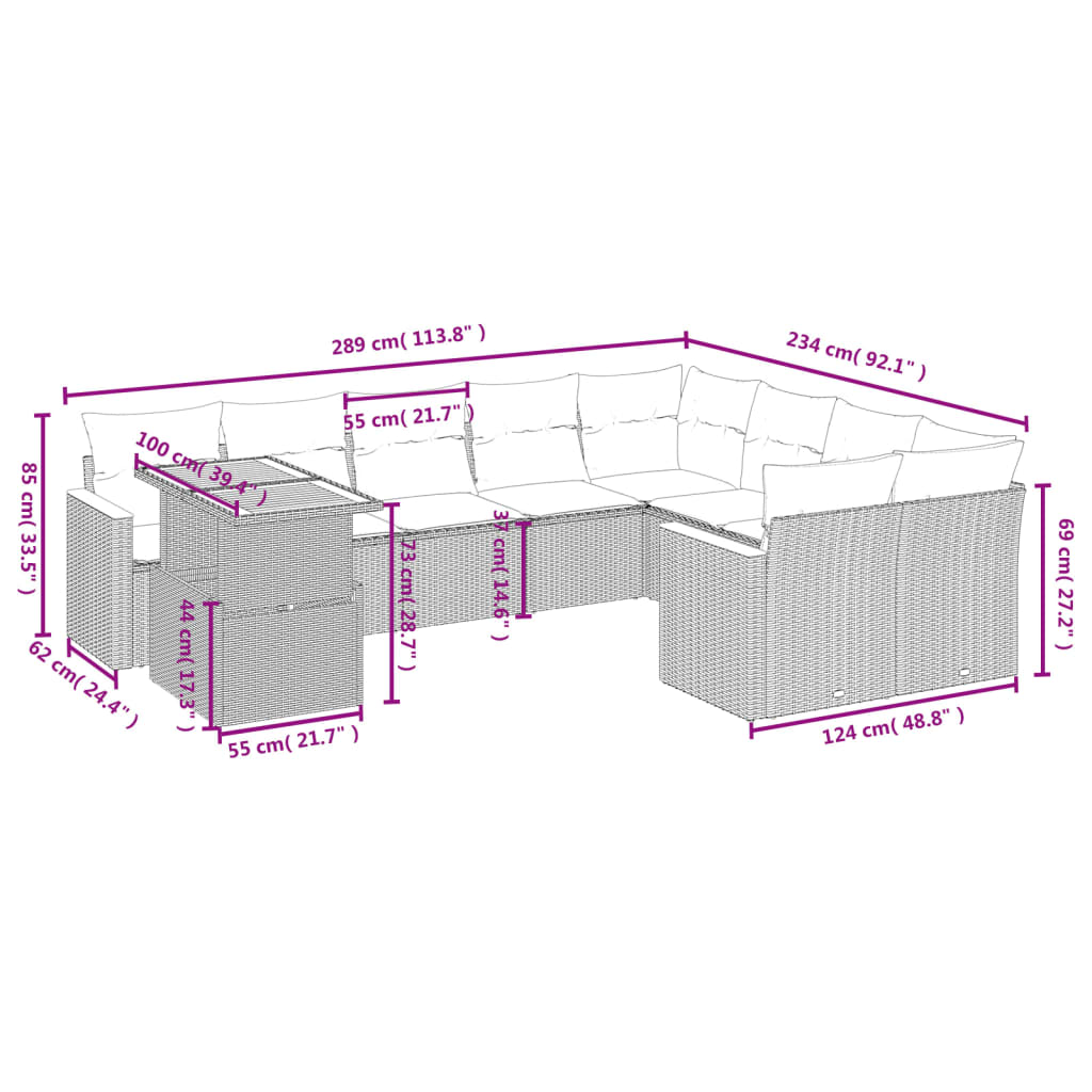 10-Delige Loungeset Met Kussens Poly Rattan Zwart