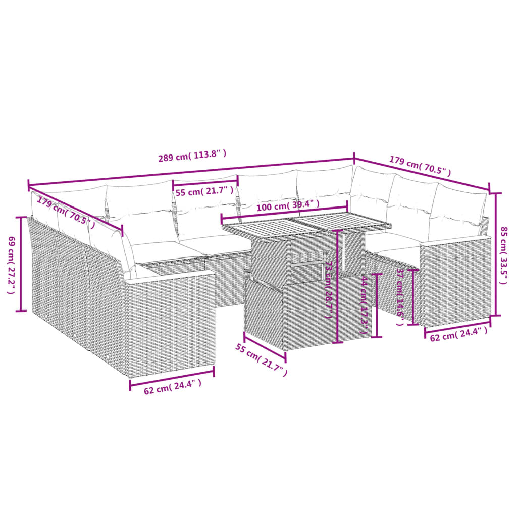 11-Delige Loungeset Met Kussens Poly Rattan Zwart