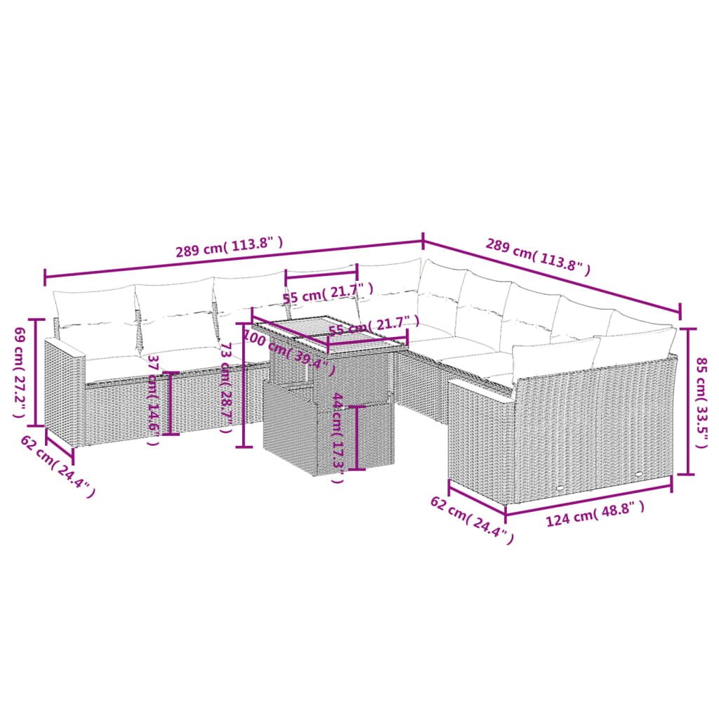 11-Delige Loungeset Met Kussens Poly Rattan Zwart