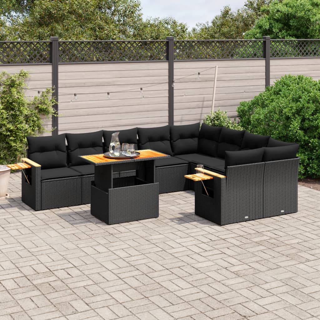 10-Delige Loungeset Met Kussens Poly Rattan Zwart