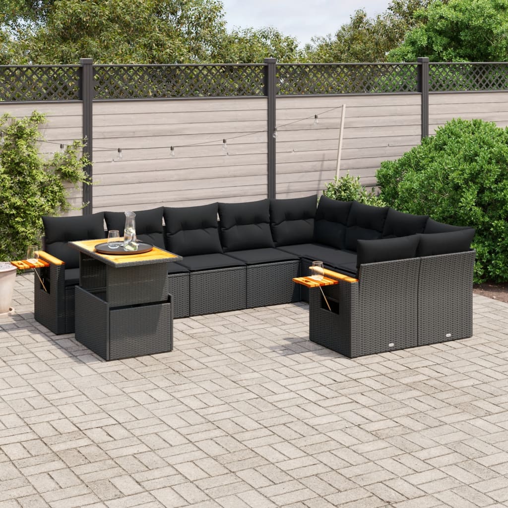 10-Delige Loungeset Met Kussens Poly Rattan Zwart