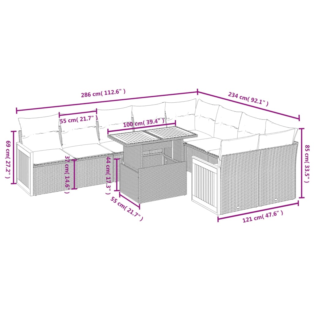 10-Delige Loungeset Met Kussens Poly Rattan Zwart