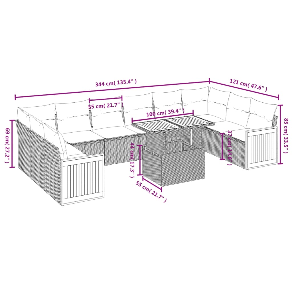 11-Delige Loungeset Met Kussens Poly Rattan Zwart