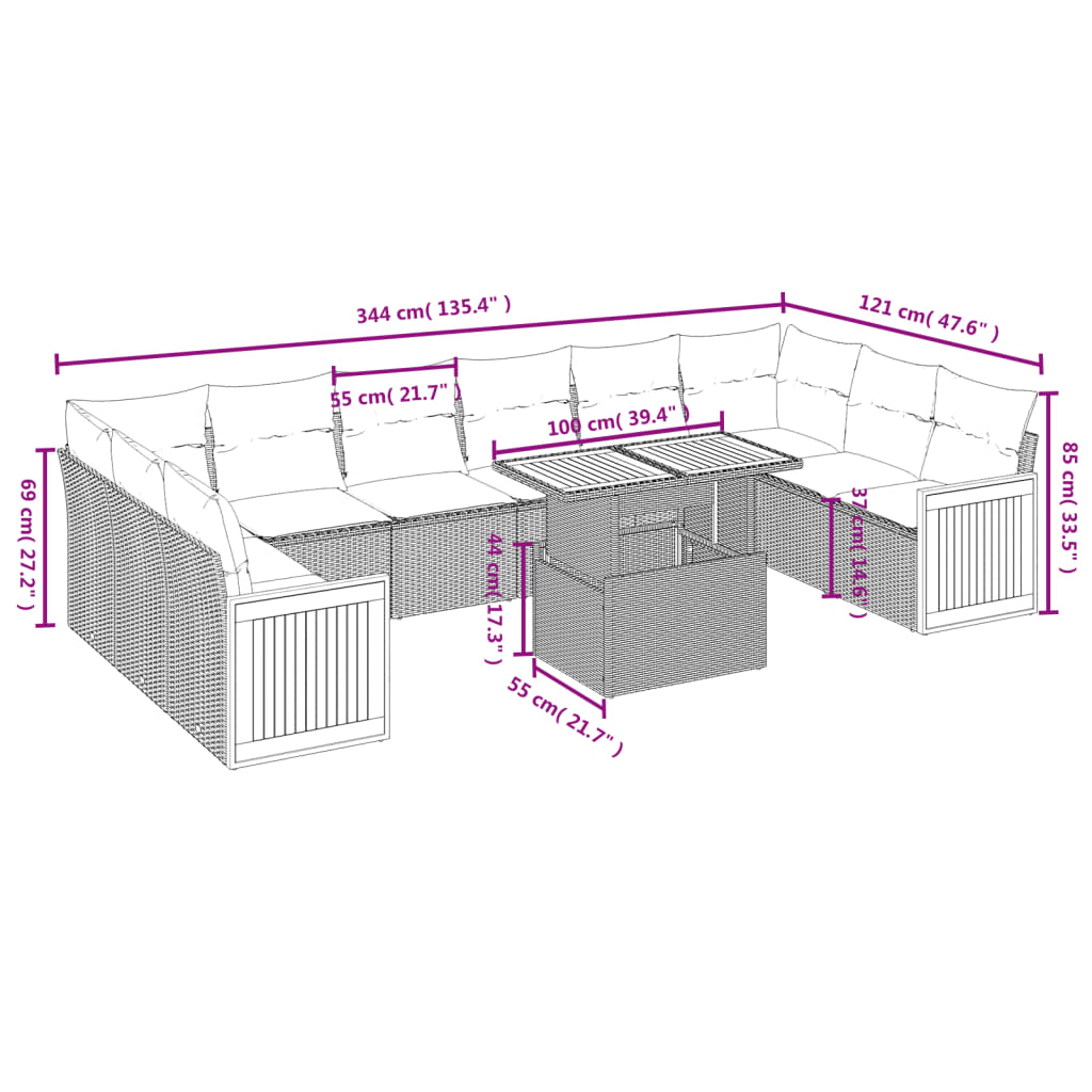 11-Delige Loungeset Met Kussens Poly Rattan Zwart