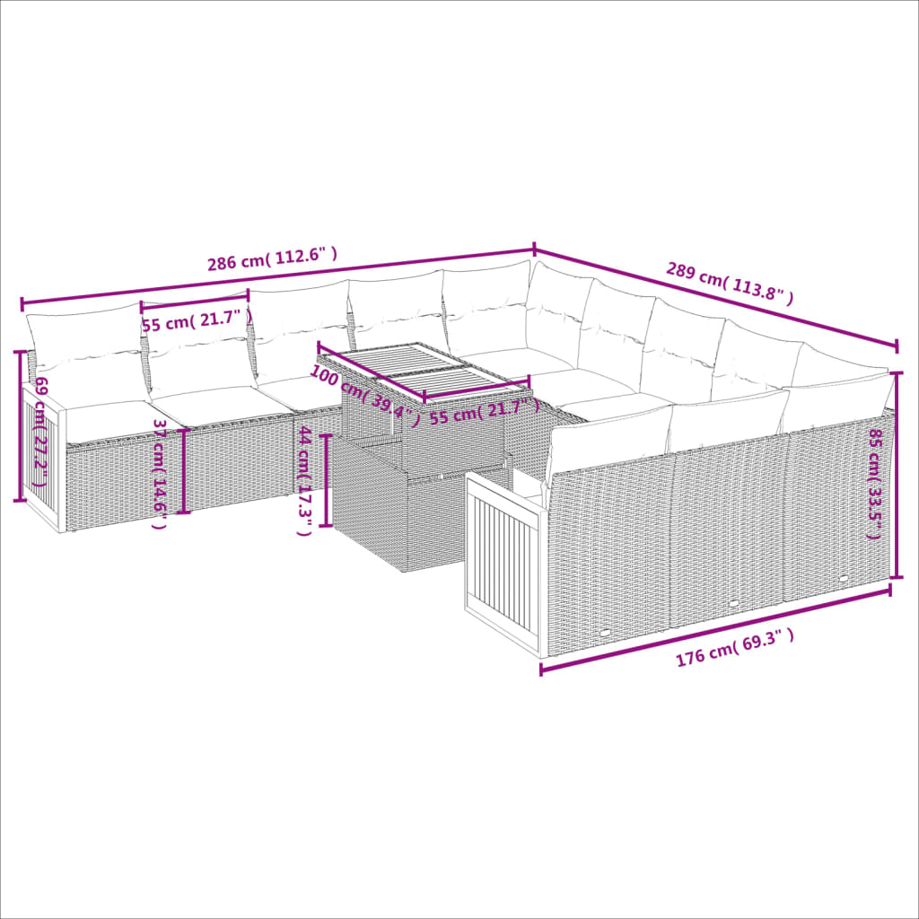 11-Delige Loungeset Met Kussens Poly Rattan Zwart