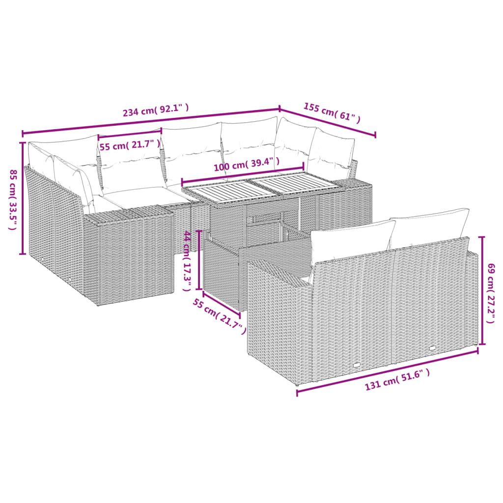 11-Delige Loungeset Met Kussens Poly Rattan Zwart