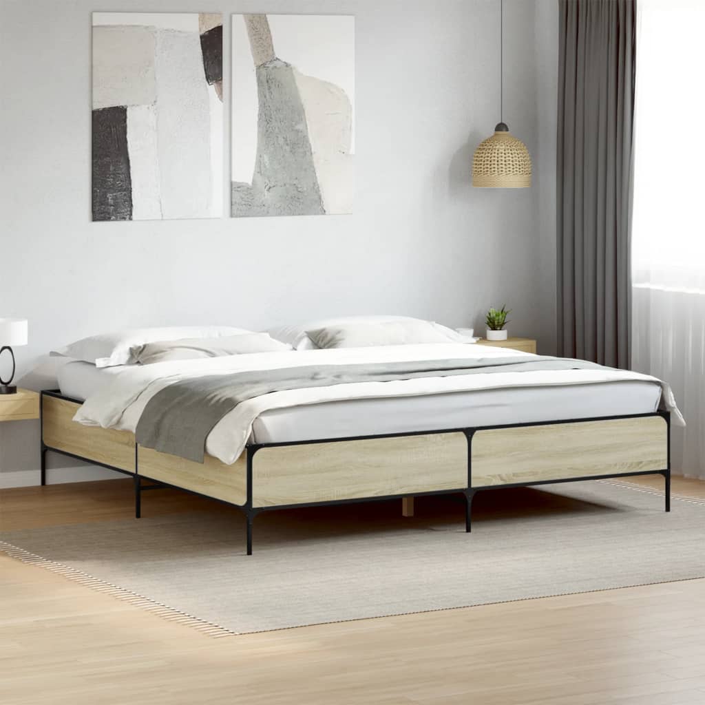 Bedframe Bewerkt Hout Metaal Kleurig Sonoma Eiken