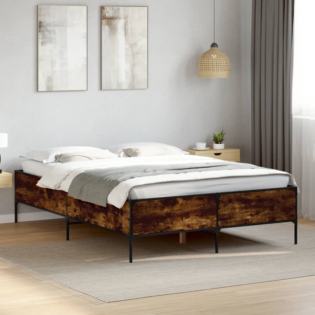 Bedframe Bewerkt Hout Metaal Kleurig Gerookt Eiken