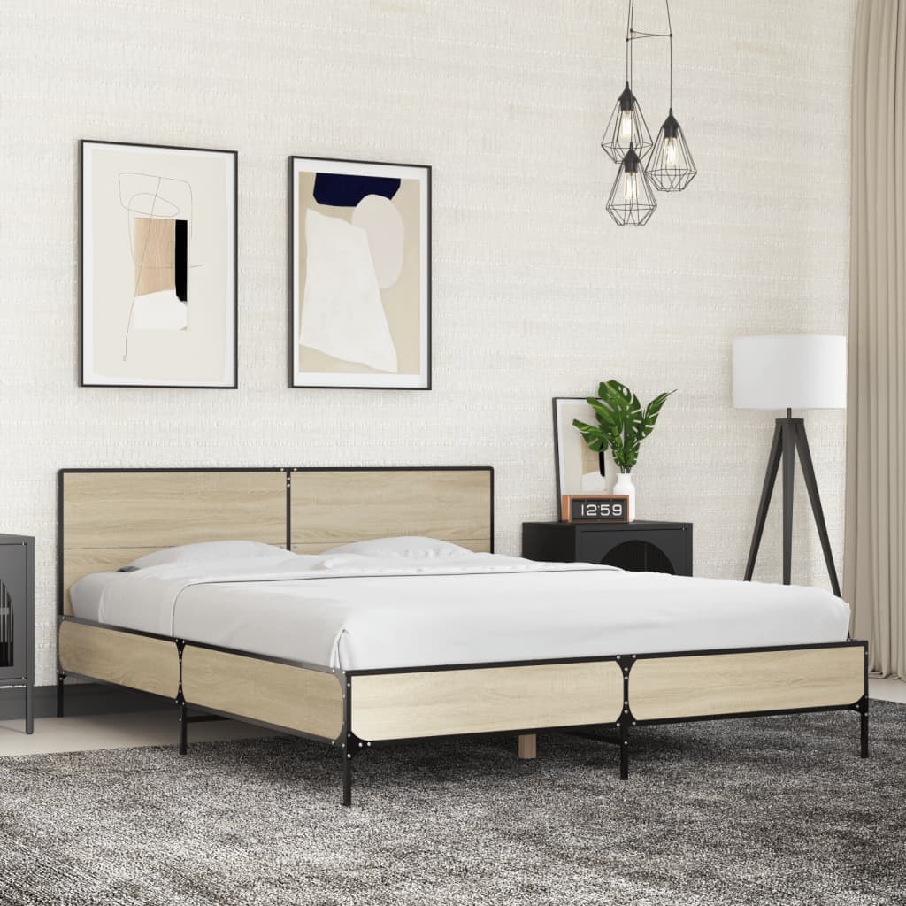 Bedframe Bewerkt Hout En Metaal Kleurig