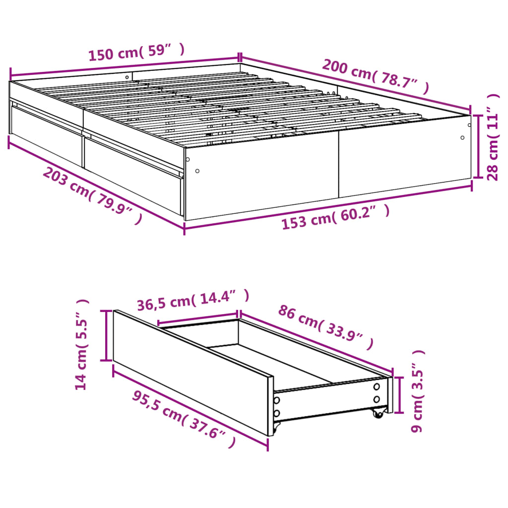 Bedframe Met Lades Bewerkt Hout