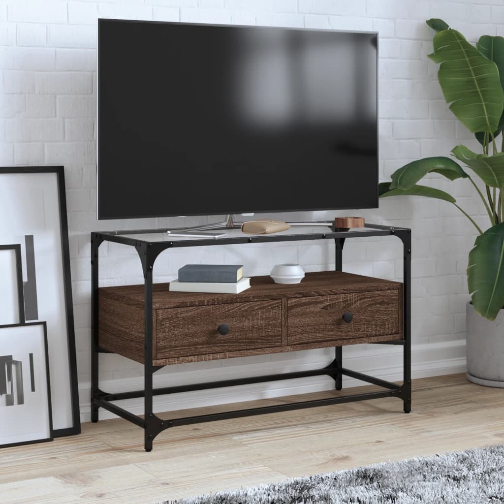 Tv-Meubel Met Glazen Blad 98X35X51 Cm Bewerkt Hout
