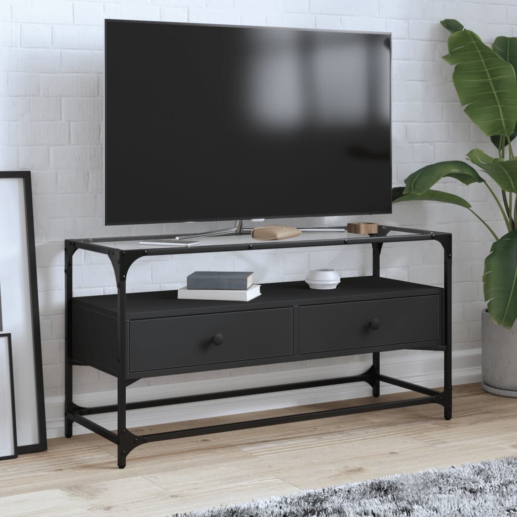 Tv-Meubel Met Glazen Blad 98X35X51 Cm Bewerkt Hout
