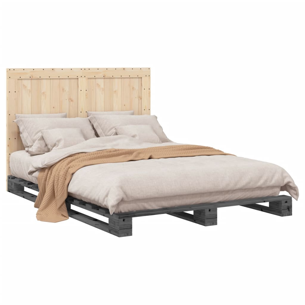 Bedframe Met Hoofdbord Massief Grenenhout Grijs 160X200 Cm