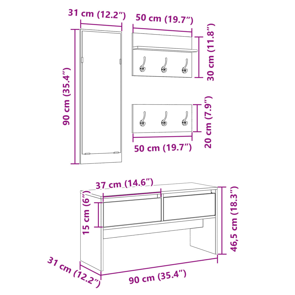 4-Delige Garderobe Set Bewerkt Hout