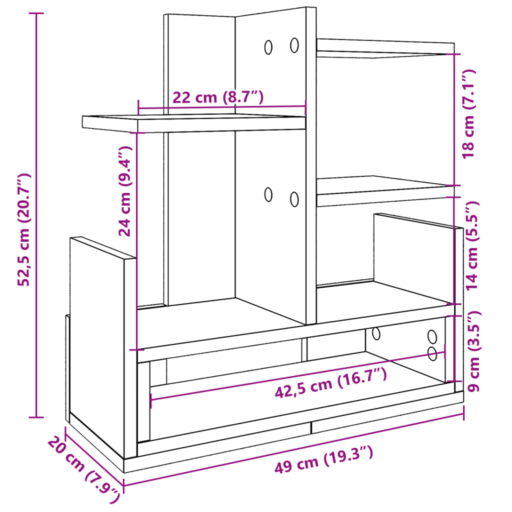 Bureau Organiser 49X20X52,5 Cm Bewerkt Hout Kleurig