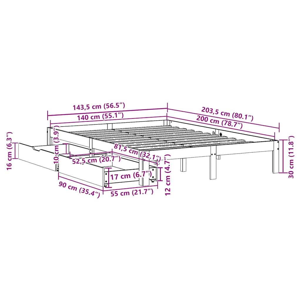 Bedframe Met Lades Massief Grenenhout