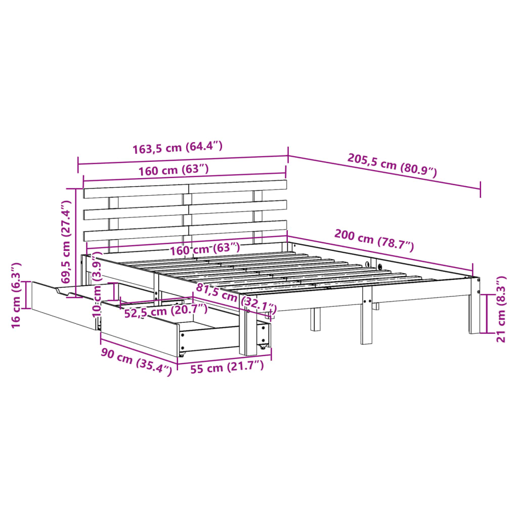 Bedframe Met Lades Massief Grenenhout