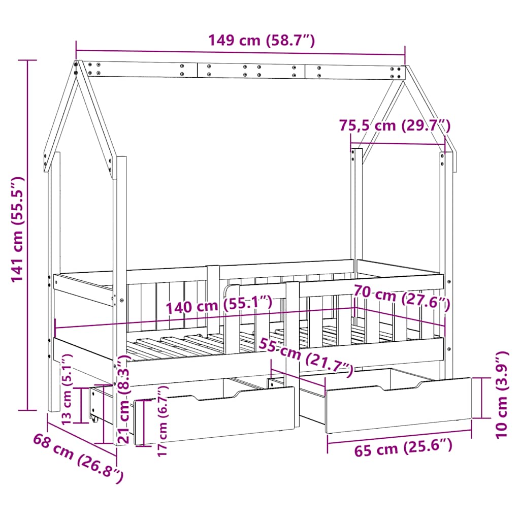 Kinderbedframe Met Lades Massief Grenenhout