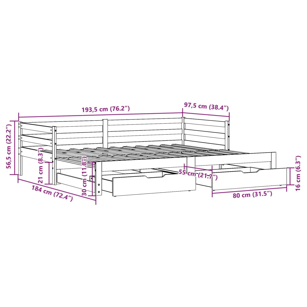 Slaapbank Met Onderschuifbed En Lades Zonder Matras 90X190 Cm