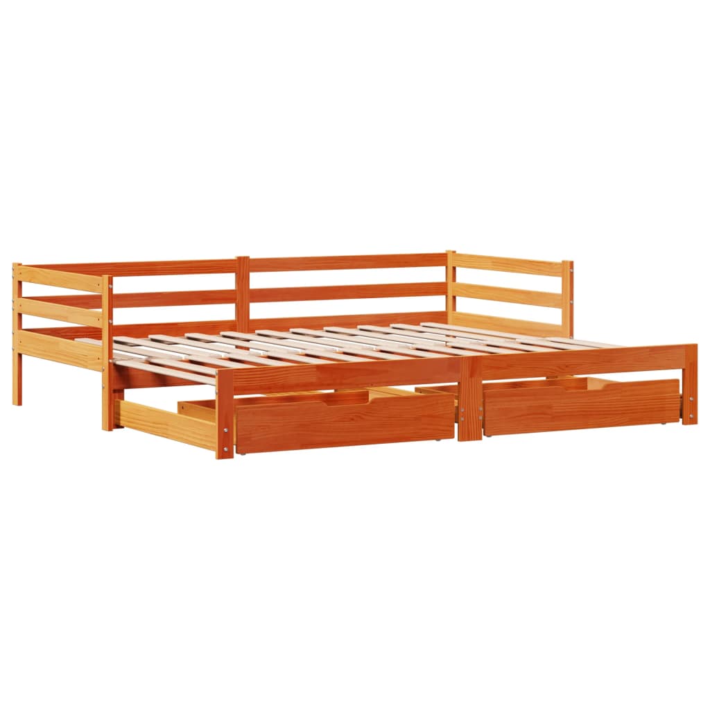 Slaapbank Onderschuifbed En Lades 90X200 Cm Grenenhout Wasbruin