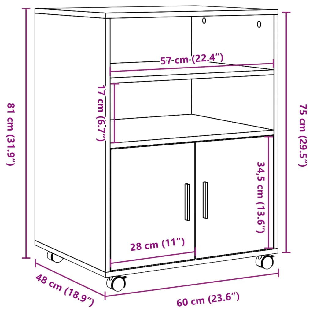 Rolkast 60X48X81 Cm Bewerkt Hout Eikenkleurig