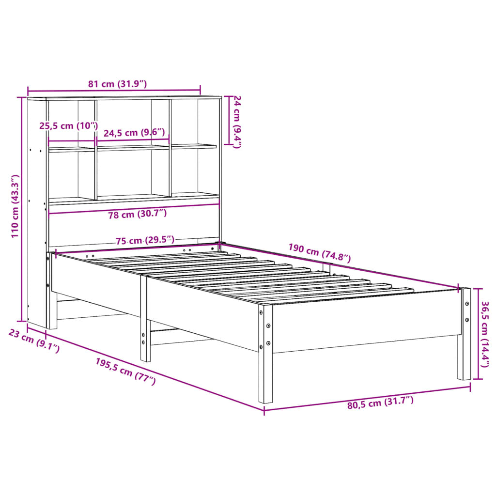 Bed Met Boekenkast Zonder Matras Massief Grenenhout