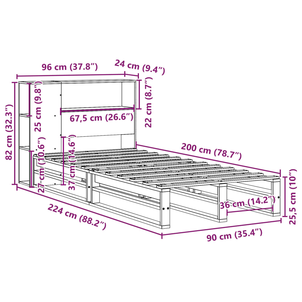 Bed Met Boekenkast Zonder Matras Massief Hout 90X200Cm